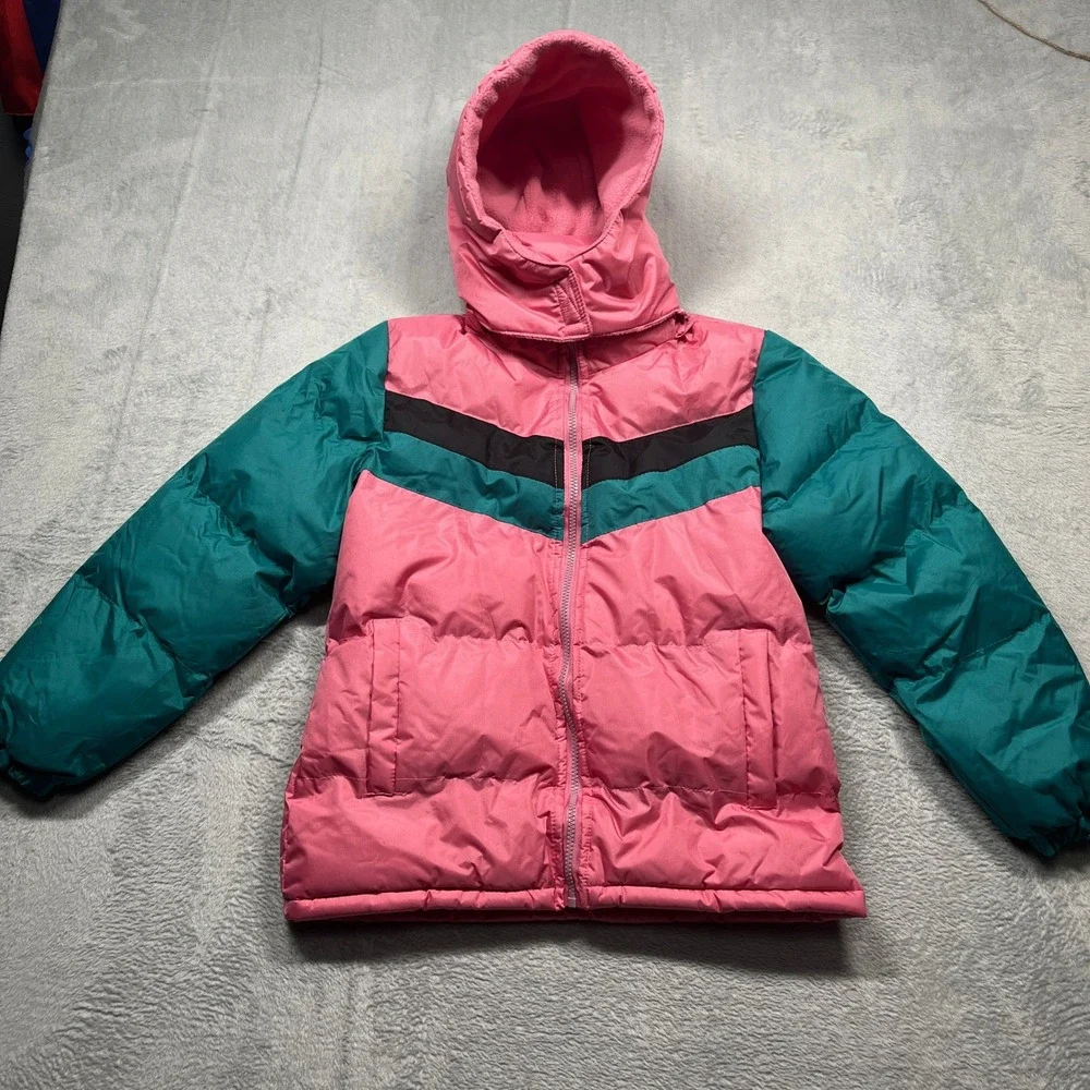 Operation Warm Puffer Jacket Kids Pink Teal Colorblock Hooded Fleece Lined 14/16